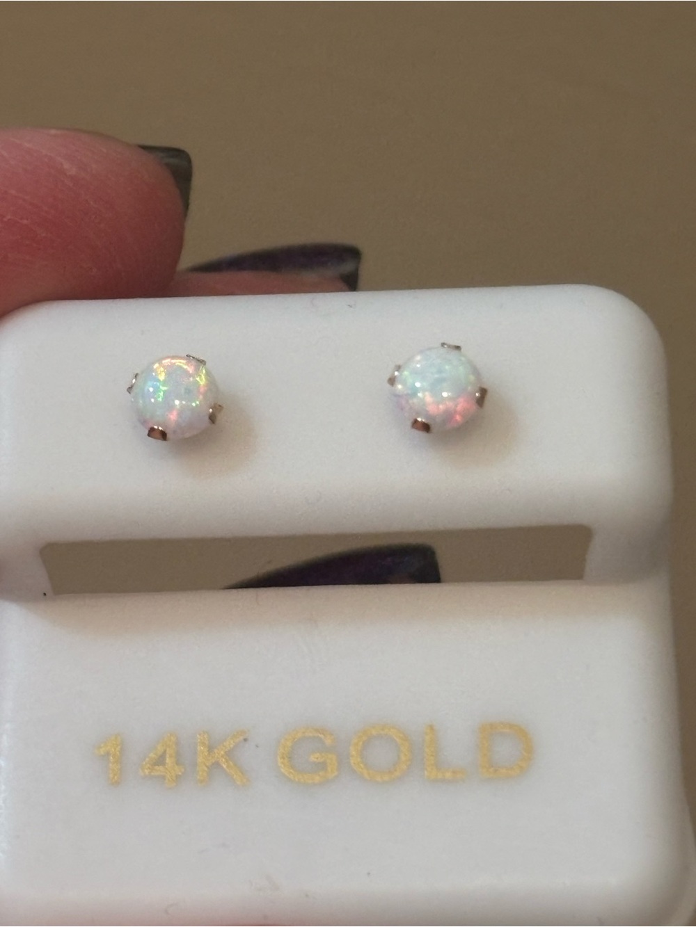 14K Gold Opal Stud Earrings - White Opal Sparkle